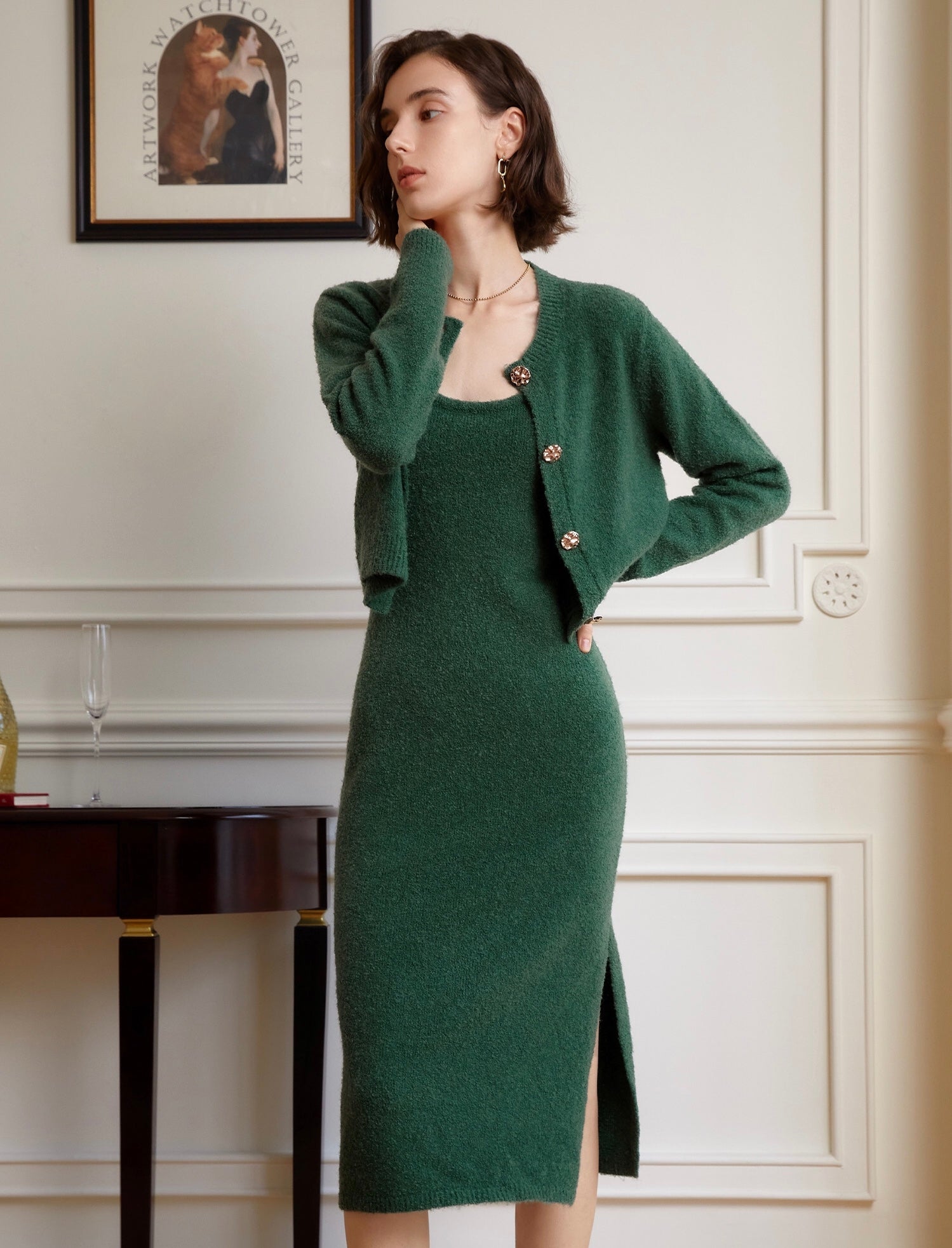 Miela Knitted Wool Blend Cami Slip Dress - Green