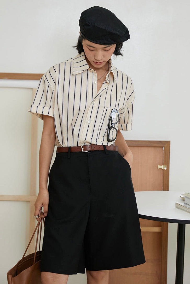 Oversized Vintage Striped Short Sleeve Shirt in Cream