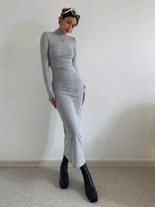 High Neck Bodycon Long Sleeve Maxi Dress - Grey