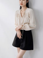 Load image into Gallery viewer, Ribbon Tie Gathered Blouson Blouse in Beige

