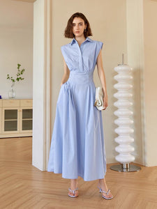 Aurelie Boxy Shoulder Maxi Sleeveless Pocket Shirt Dress