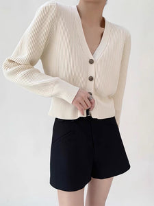 V Ribbed Contrast Button Cardigan in Cream