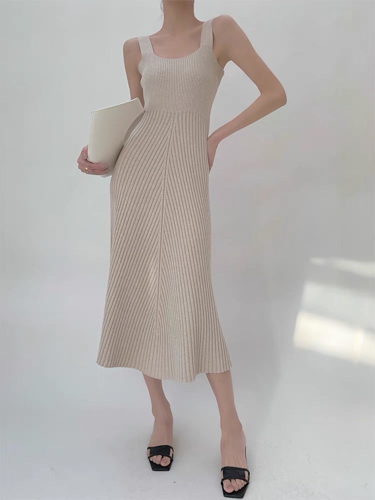 Tank Knitted Ribbed Midi Dress in Beige