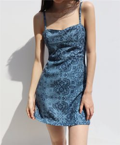 Damask Printed Cami Strap Mini Dress in Blue
