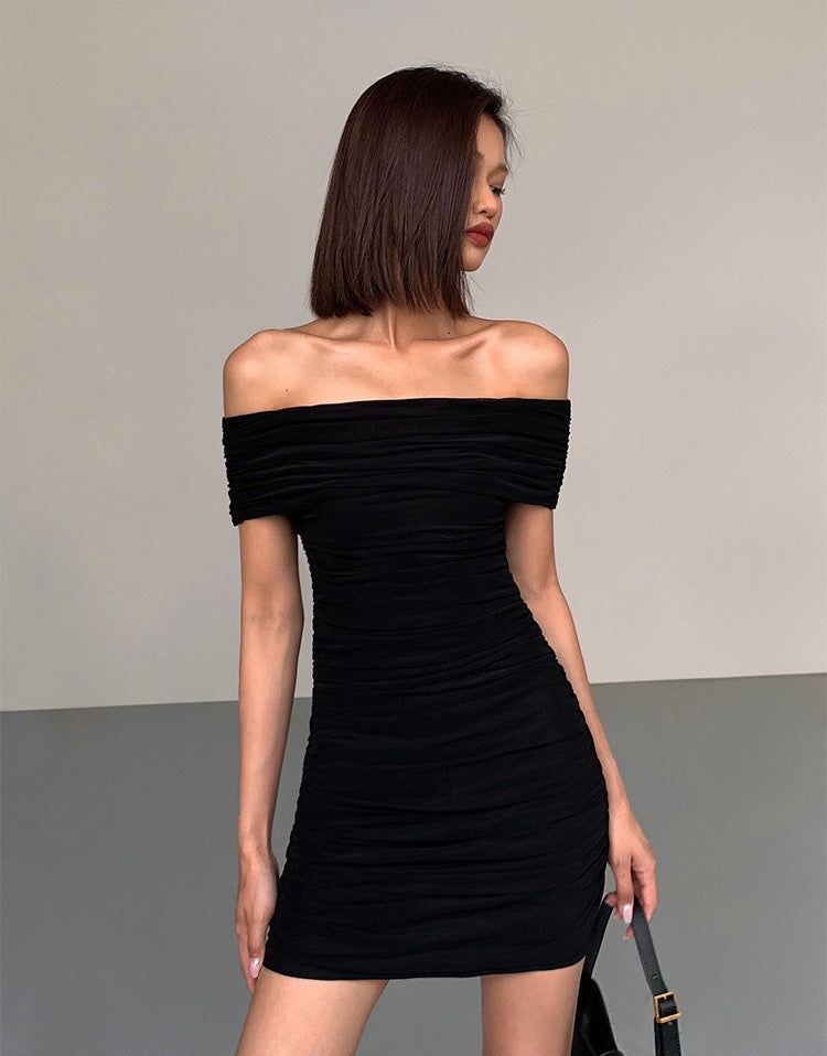 Off Shoulder Shirring Mini Bodycon Dress in Black