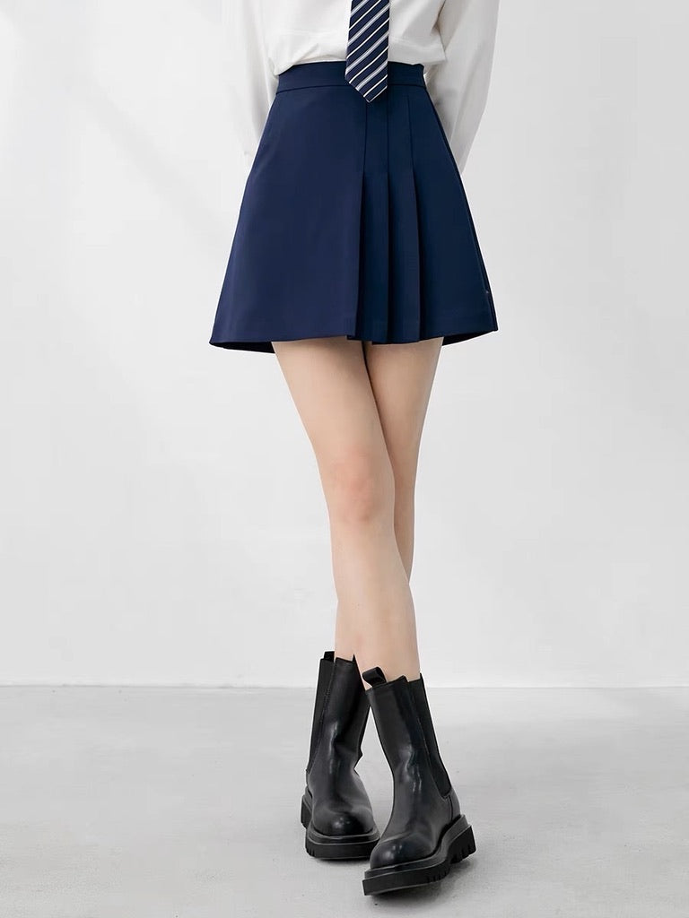 Side Pleat A-Line Mini Skirt in Navy