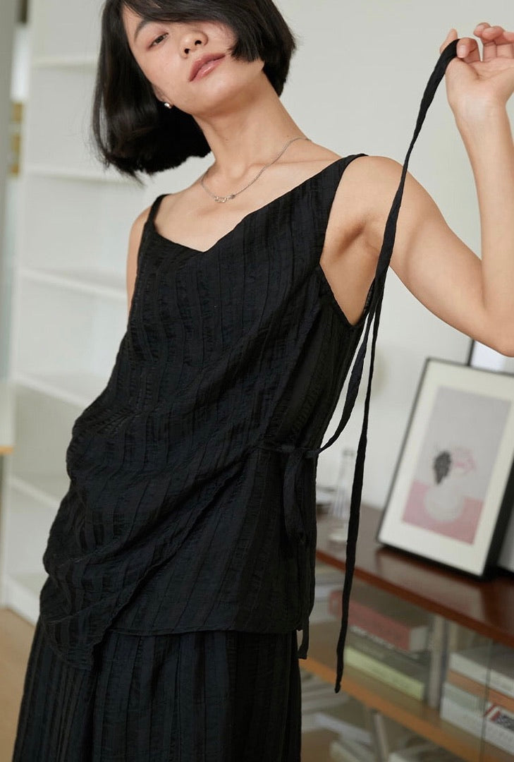 Tencel Blend Wrap Tie Sleeveless Top in Black