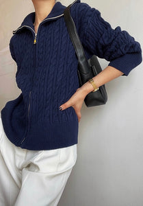 Cable Knit Knitted Zip Sweater in Navy