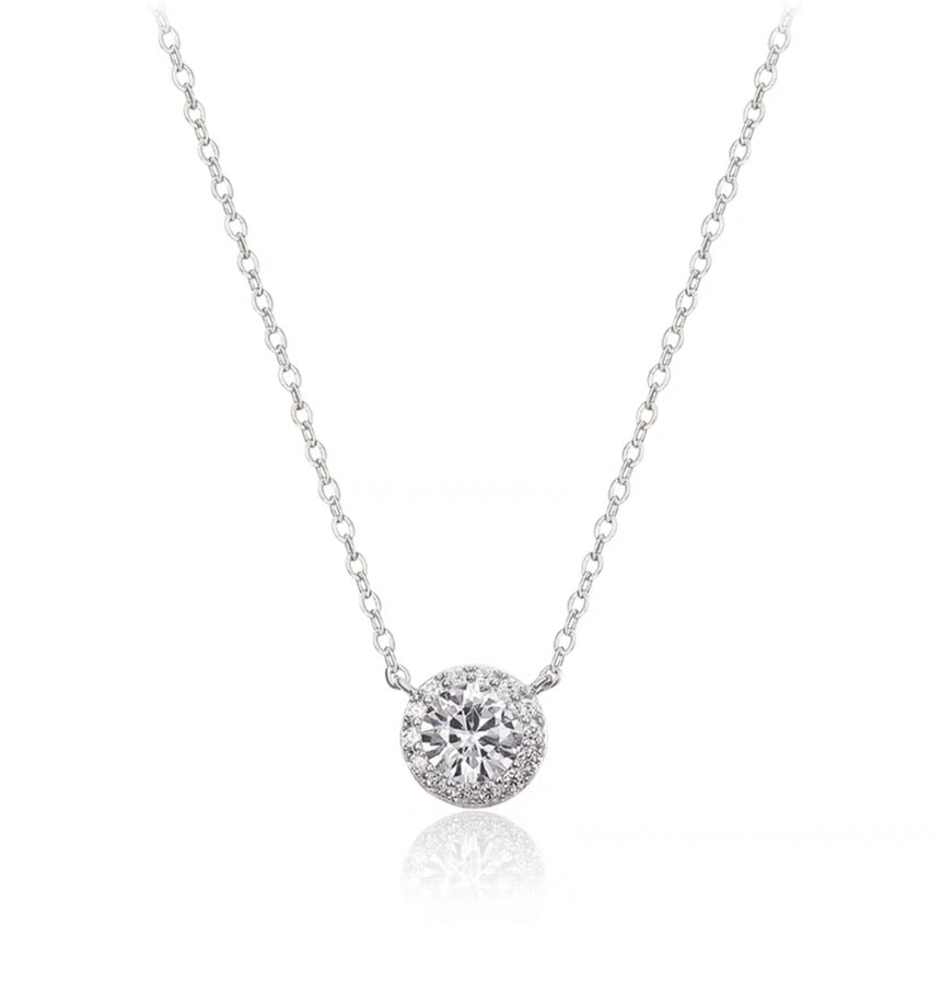 925 Silver Round Diamante Pendant Necklace