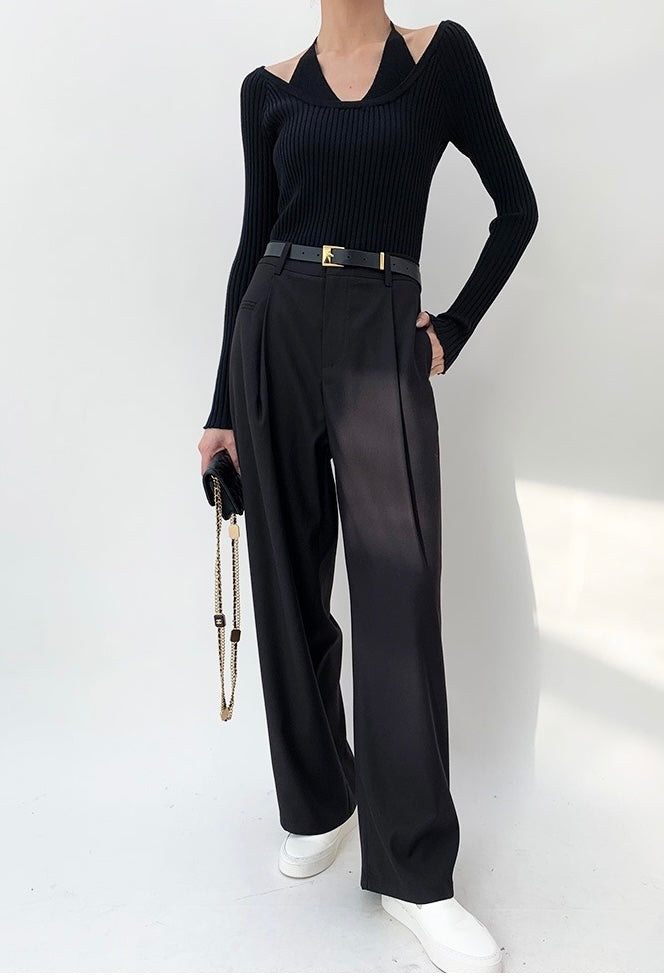 Knitted V Halter Long Sleeve Top - Black
