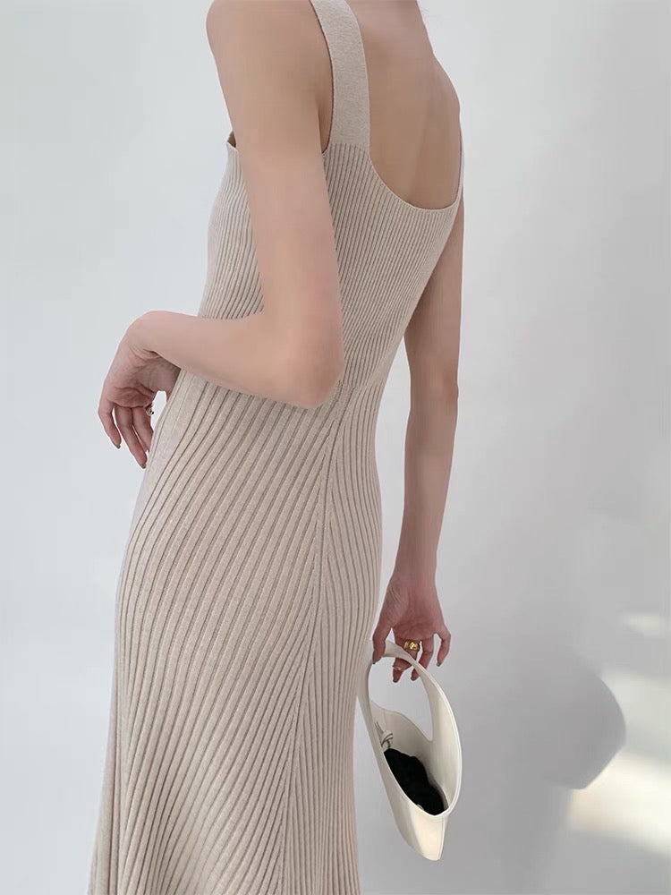 Tank Knitted Ribbed Midi Dress in Beige
