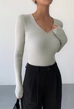 Load image into Gallery viewer, Classic V Ribbed Long Sleeve Top - Sage
