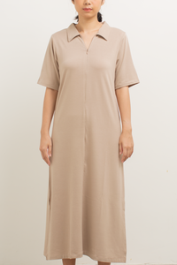 Front Zip Collar Dress in Khaki