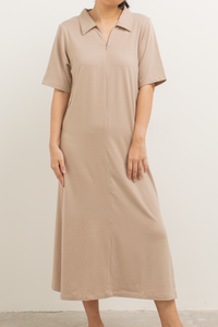 Front Zip Collar Dress in Khaki