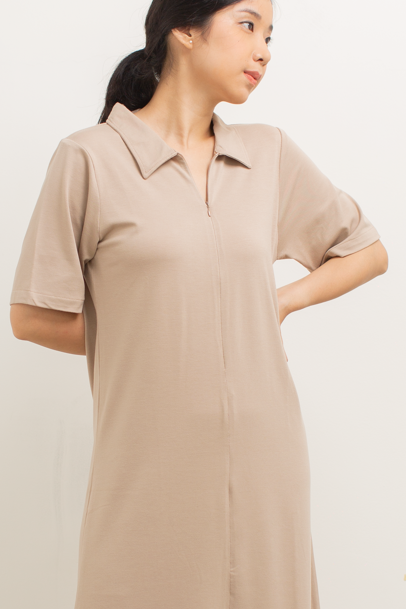 Front Zip Collar Dress in Khaki