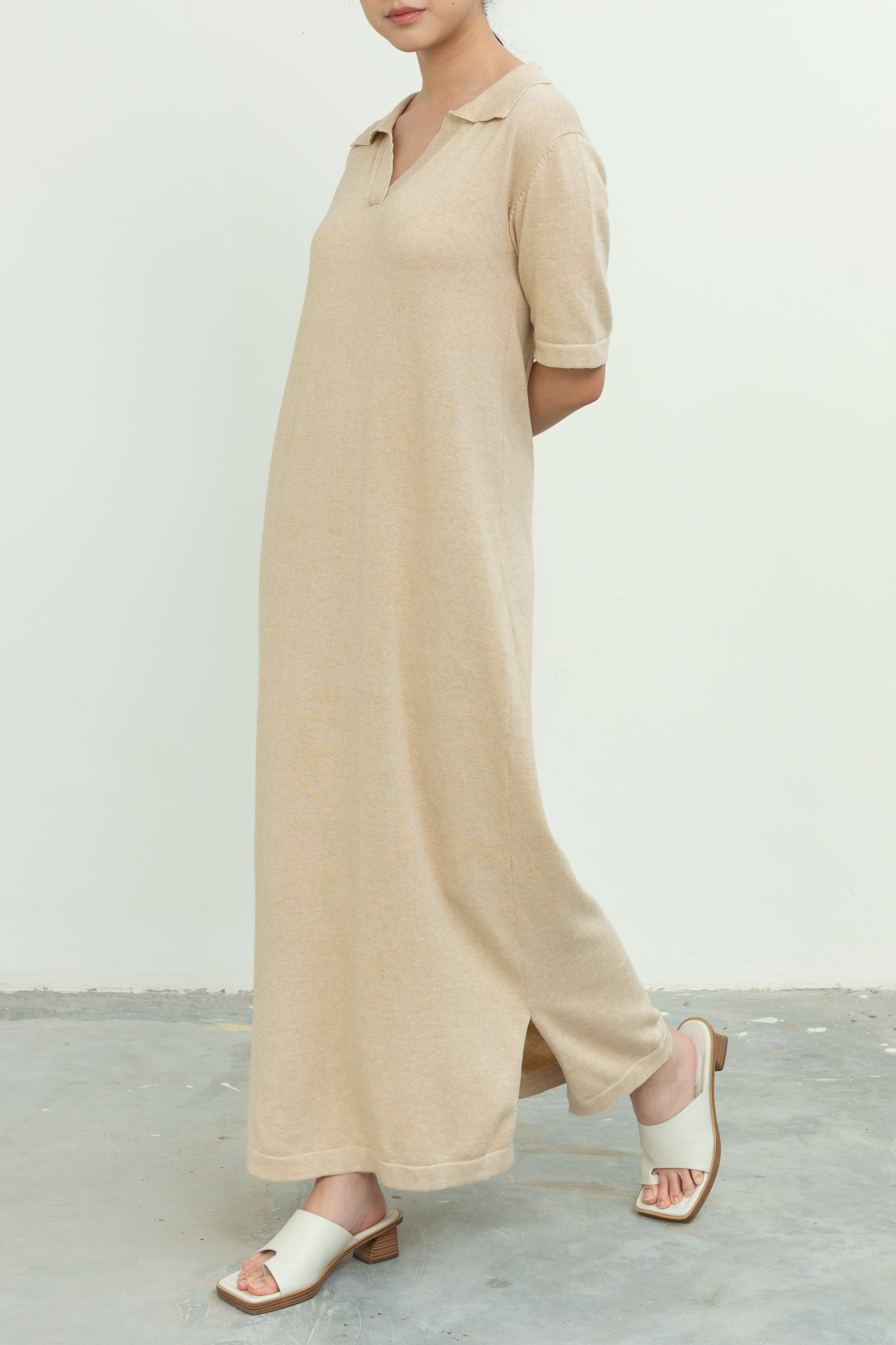 Knit V Neck Maxi Dress in Beige