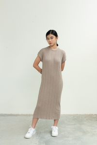 Textured Knit Midi Dress in Brown