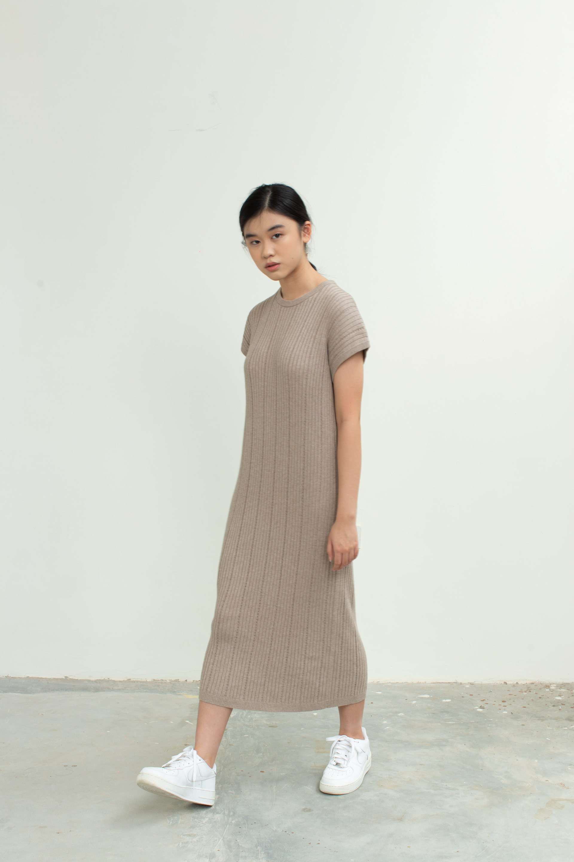 Textured Knit Midi Dress in Brown