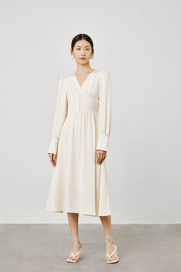 Button Long Sleeve Midi Dress in Cream