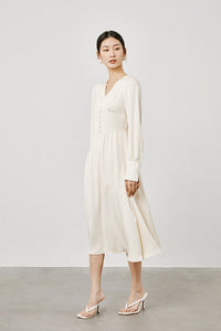 Button Long Sleeve Midi Dress in Cream