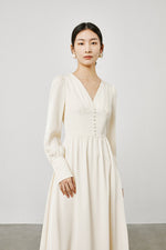 Load image into Gallery viewer, Button Long Sleeve Midi Dress in Cream
