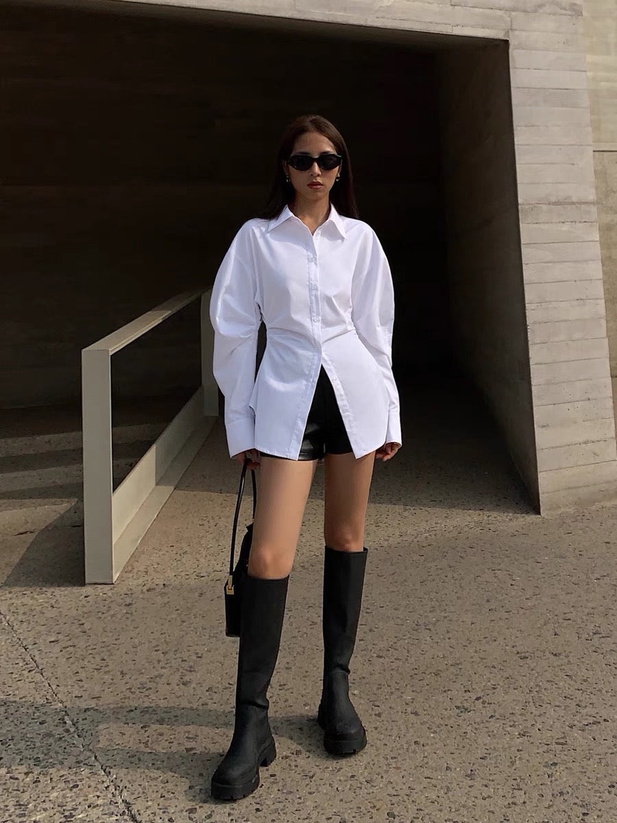 Night Owl Rusched Oversized Shirt in White