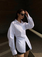 Load image into Gallery viewer, Night Owl Rusched Oversized Shirt in White
