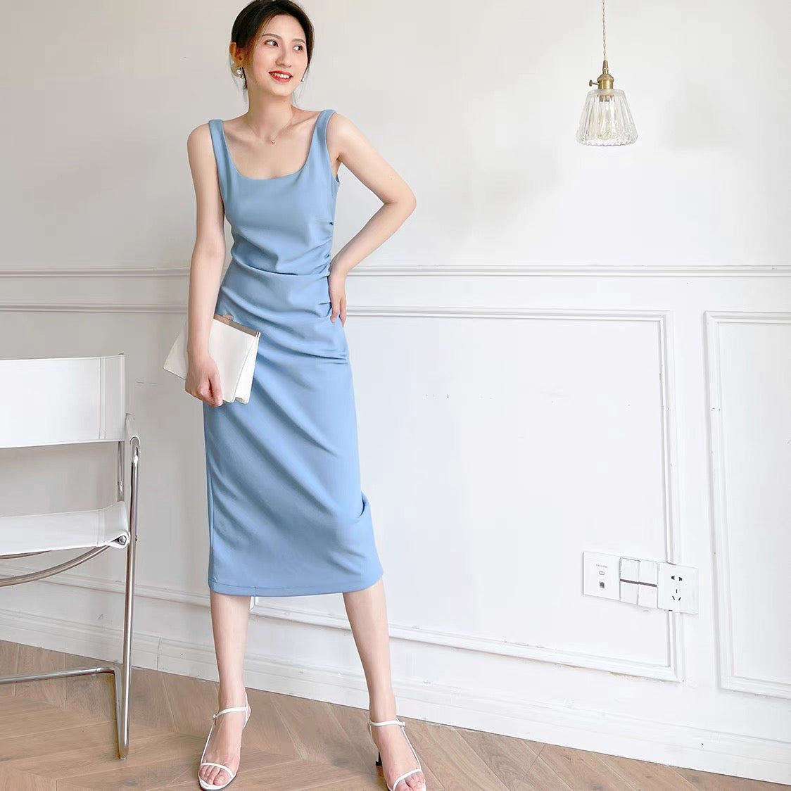Volos Gathered Midi Dress in Blue