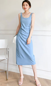 Volos Gathered Midi Dress in Blue