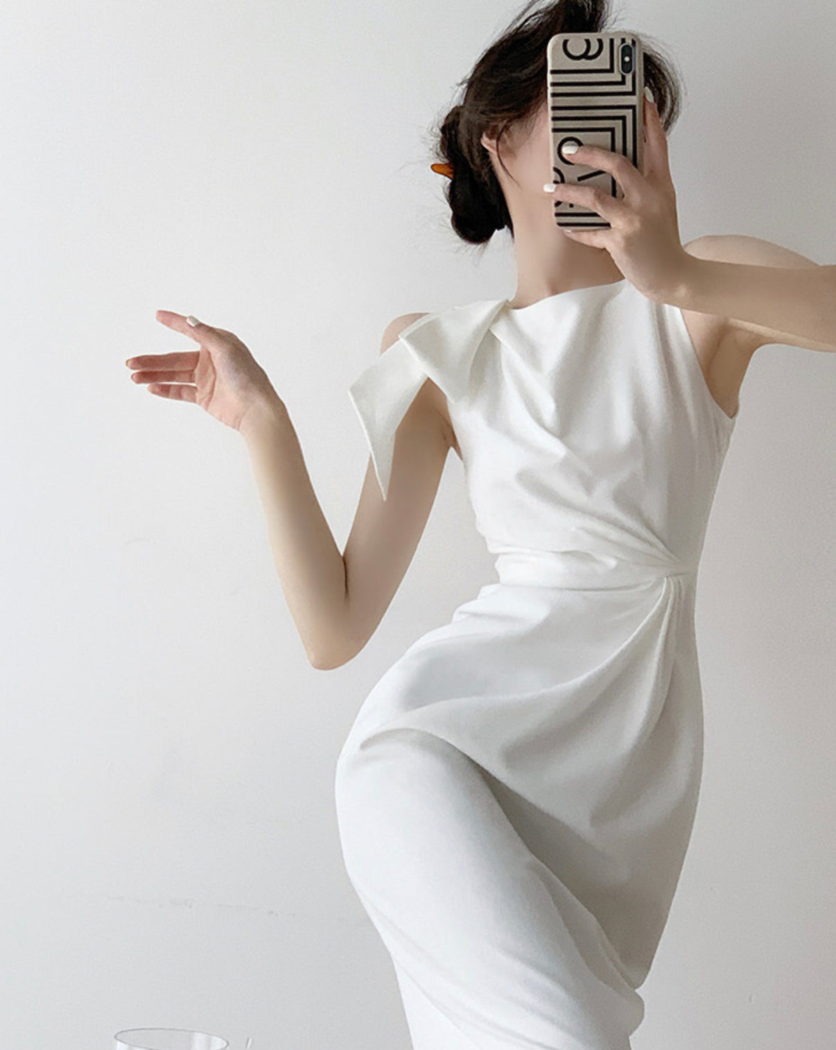 [Ready Stock] Kariss White Gathered Bow Shift Dress