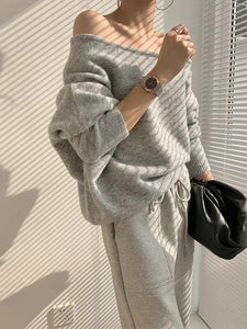 Asymmetric Off Shoulder Sweater- Grey