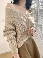 Load image into Gallery viewer, Off Shoulder Cable Knit Sweater- Beige
