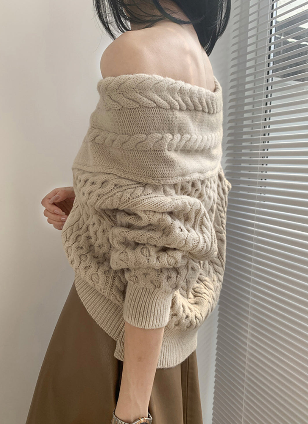 Off Shoulder Cable Knit Sweater- Beige