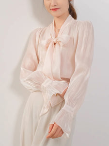 Sheer Pussy Bow Blouse + Slip in Peach