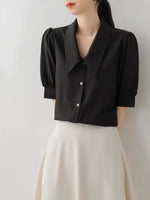 Load image into Gallery viewer, Point Collar Contrast Button Blouse in Black
