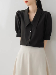 Point Collar Contrast Button Blouse in Black