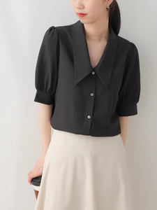 Point Collar Contrast Button Blouse in Black