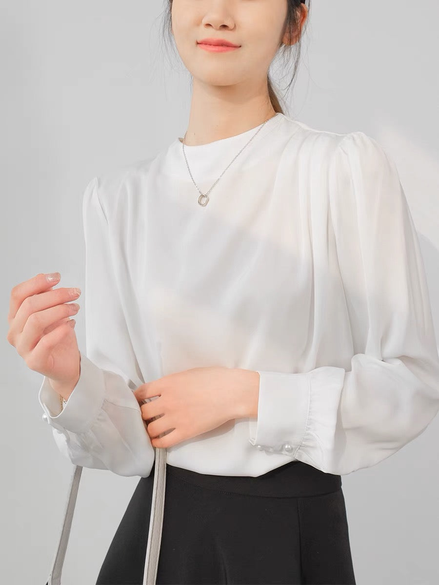 Long Sleeve Gathered Top in White