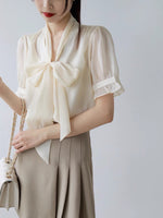 Load image into Gallery viewer, Sheer Pussy Bow Short Sleeve Blouse + Slip in Beige
