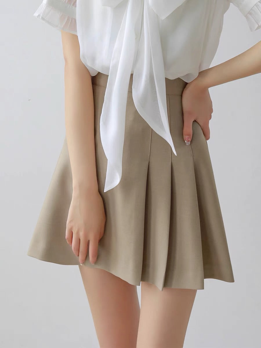 Pleated Flare Mini Skirt in Beige