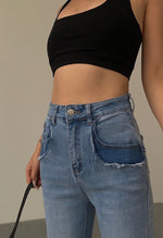 Load image into Gallery viewer, [Ready Stock] Locale Ripped Pocket Wide Leg Jeans in Light Blue
