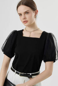 [Cool Tech] Tulle Puff Sleeve Top in Black