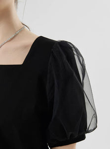 [Cool Tech] Tulle Puff Sleeve Top in Black