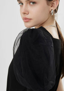 [Cool Tech] Tulle Puff Sleeve Top in Black