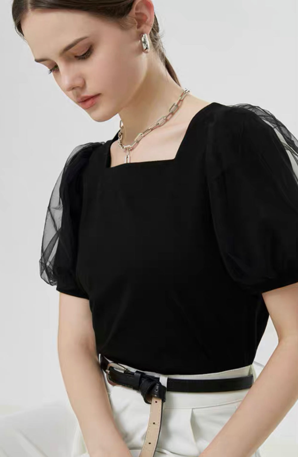 [Cool Tech] Tulle Puff Sleeve Top in Black