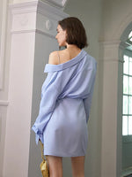 Load image into Gallery viewer, Viktoria Off Shoulder Cami Wrap Shirt Dress- Blue
