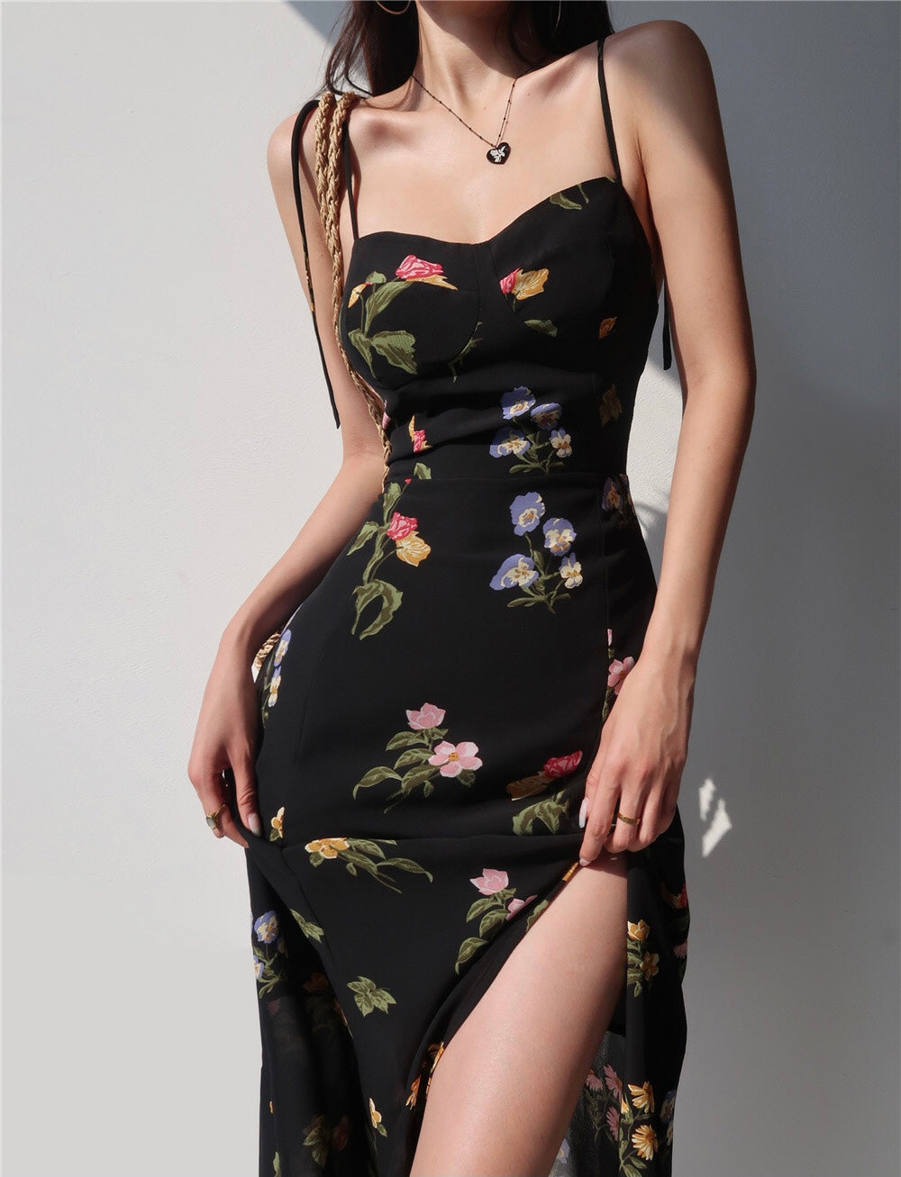 Chrisoula Floral Tie Strap Slit Dress in Black – LEXI + LOU