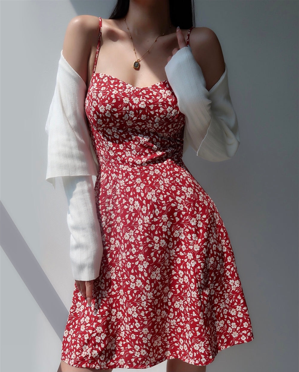 Brie Floral Tie Strap Cami Mini Dress in Red