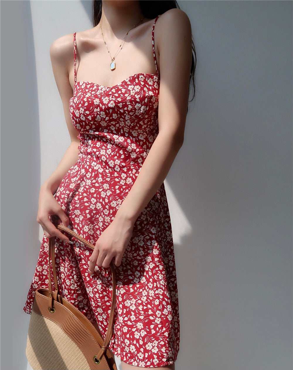 Brie Floral Tie Strap Cami Mini Dress in Red