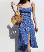 Load image into Gallery viewer, Hydrangea Floral Tie Strap Slit Dress in Blue
